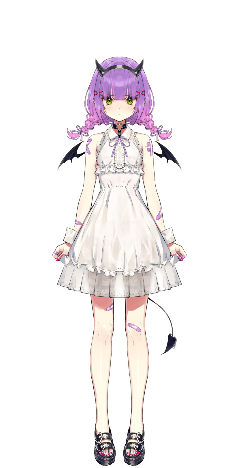 1girl absurdres alternate_costume barefoot_sandals black_footwear black_hairband braid breasts demon_tail dress fake_horns green_eyes hairband highres hololive horns nail_polish oshiruko_(oshiruco_212048) purple_hair purple_nails sleeveless sleeveless_dress small_breasts solo standing tail toenail_polish toenails tokoyami_towa twin_braids virtual_youtuber white_background white_dress