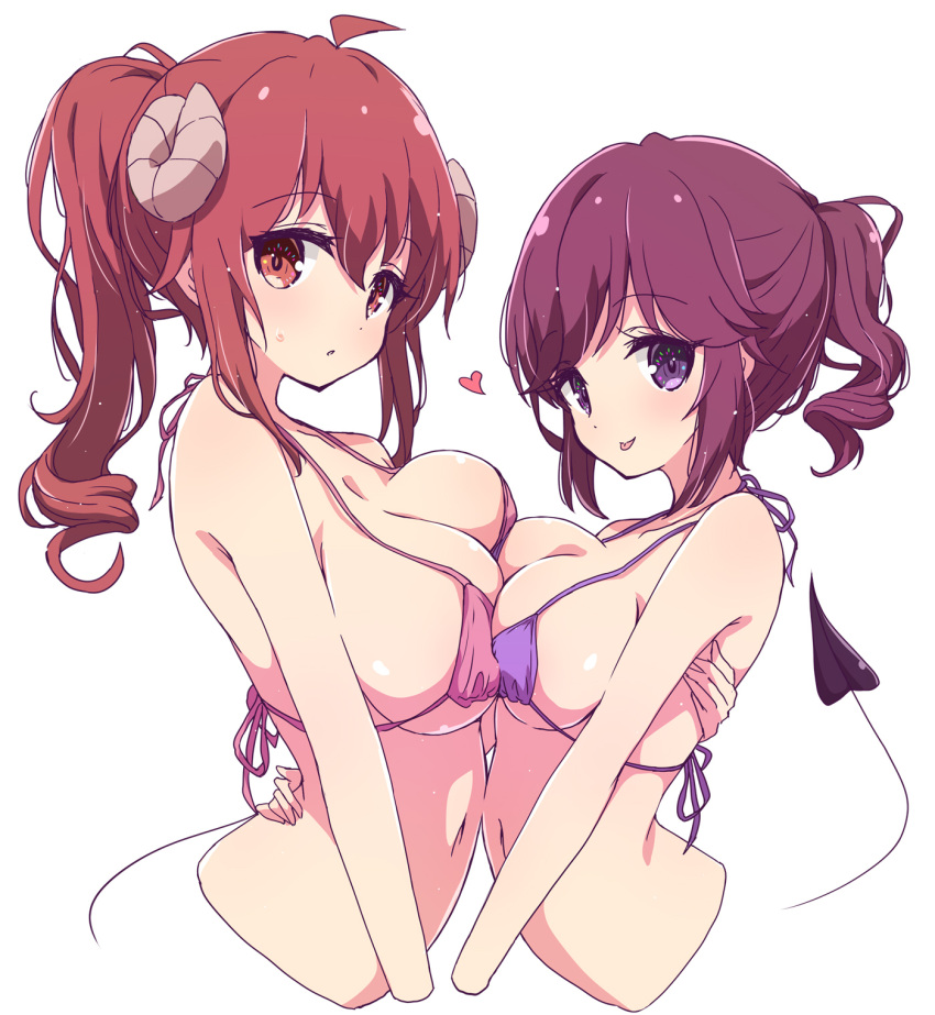 2girls :p ahoge bikini breast_press breasts commentary_request curled_horns demon_girl demon_horns demon_tail hair_between_eyes heart highres horns large_breasts long_hair looking_at_viewer machikado_mazoku medium_breasts mel_(melty_pot) multiple_girls navel pink_bikinin ponytail purple_bikini purple_eyes purple_hair red_eyes red_hair short_hair siblings simple_background sisters swimsuit symmetrical_docking tail tongue tongue_out upper_body white_background yoshida_ryouko yoshida_yuuko_(machikado_mazoku)