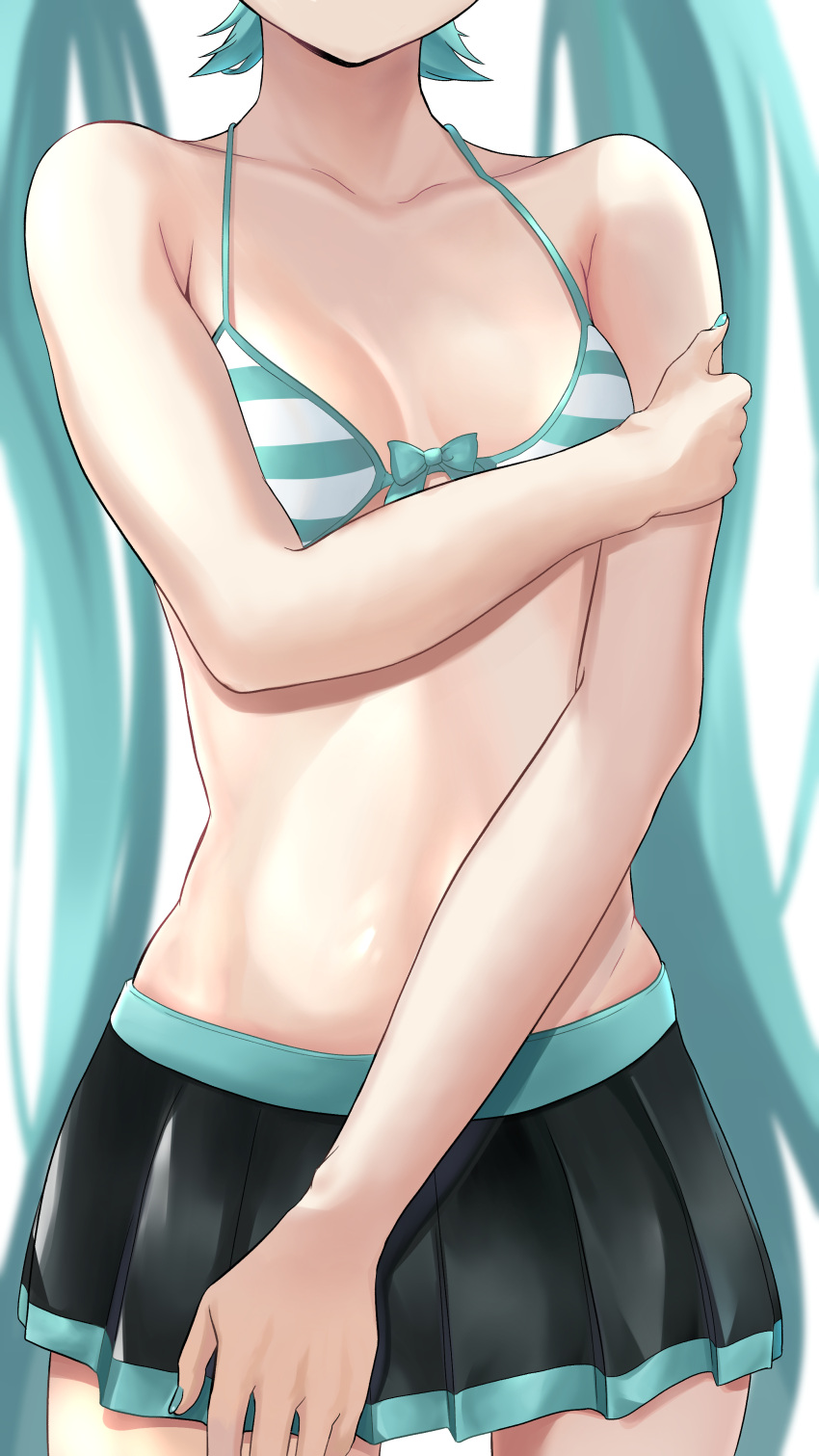 1girl absurdres aqua_bra aqua_hair aqua_nails arm_grab arm_under_breasts backlighting black_skirt bra breast_focus breasts cleavage close-up covering covering_breasts grabbing_own_arm hand_on_own_arm hatsune_miku head_out_of_frame highres long_hair miniskirt no_shirt pleated_skirt skirt solo stomach striped striped_bra tatyaoekaki torso underwear undressing very_long_hair vocaloid