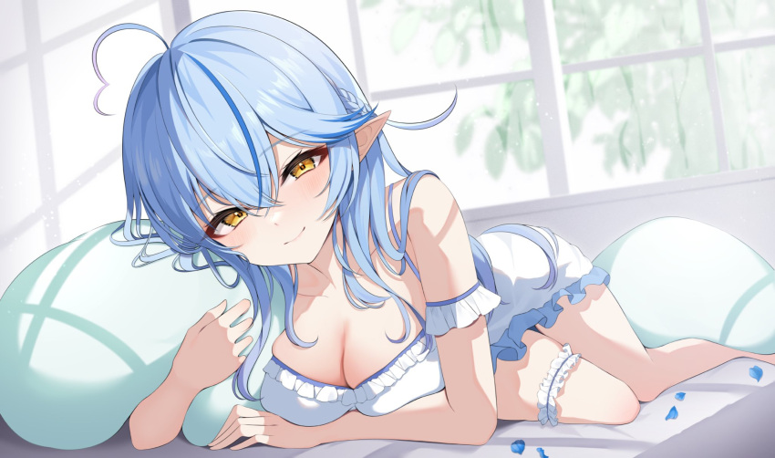 1girl ahoge bangs bare_legs bare_shoulders blanket_hug blue_hair blue_petals blush braid breasts bridal_garter cleavage closed_mouth crossed_bangs dappled_sunlight day dress frilled_dress frills heart heart_ahoge highres hololive indoors large_breasts long_hair looking_at_viewer lying multicolored_hair namagome_negi object_hug on_bed on_side pointy_ears sidelocks smile solo streaked_hair sunlight virtual_youtuber white_dress window yellow_eyes yukihana_lamy