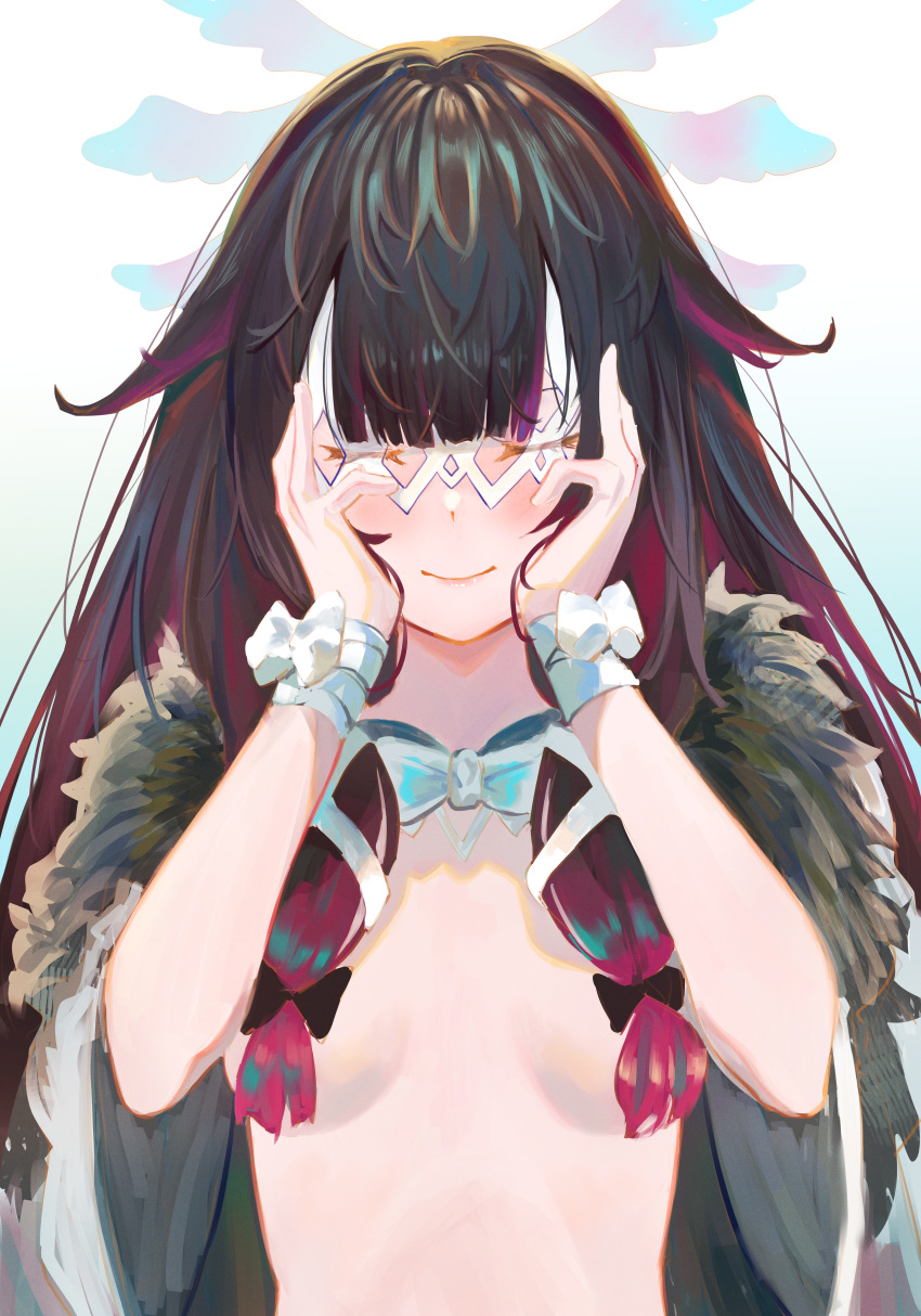 1girl abi_(user_nzav7333) absurdres bangs black_hair blunt_bangs blush bow breasts closed_eyes closed_mouth columbina_(genshin_impact) eye_mask genshin_impact hair_bow hair_over_breasts hands_on_own_face highres hime_cut jacket long_hair multicolored_hair open_clothes open_jacket pink_hair sidelocks small_breasts smile two-tone_hair upper_body white_bow