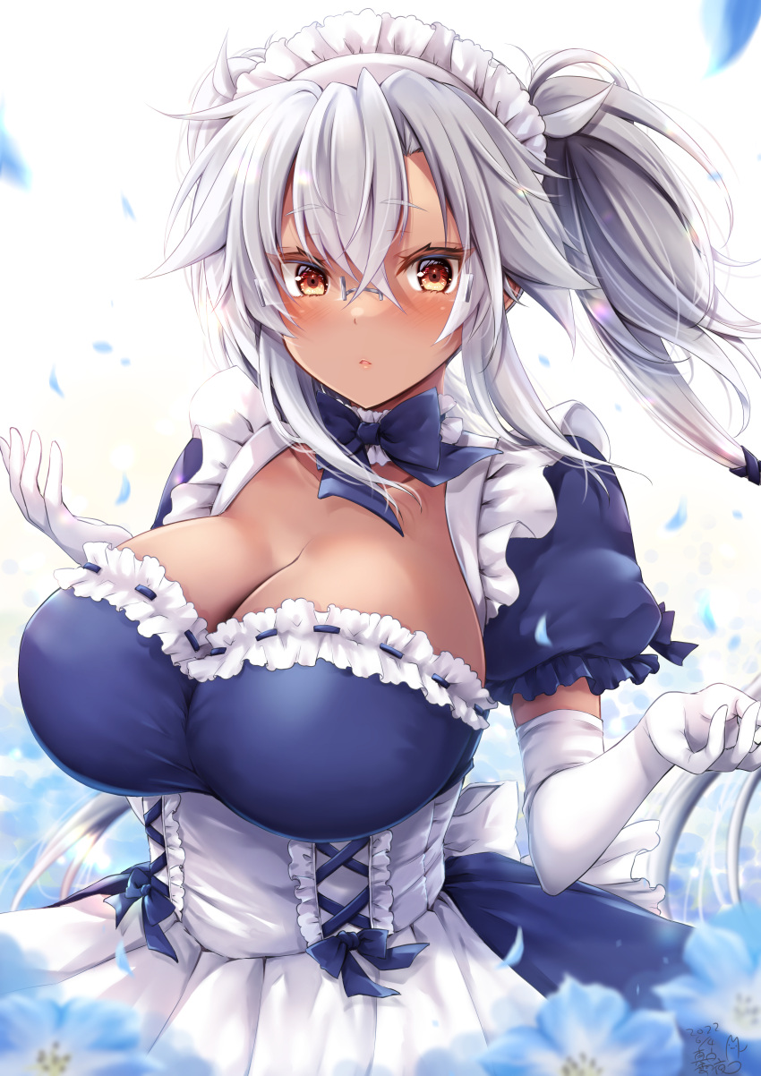 1girl absurdres alternate_costume apron blue_dress blue_flower breasts brown_eyes dark-skinned_female dark_skin dated detached_collar dress elbow_gloves enmaided flower frills glasses gloves grey-framed_eyewear grey_hair hair_between_eyes highres huge_breasts kantai_collection long_hair looking_at_viewer maid maid_headdress mashiro_yukiya musashi_(kancolle) musashi_kai_ni_(kancolle) open_mouth petals puffy_short_sleeves puffy_sleeves rectangular_eyewear semi-rimless_eyewear short_sleeves signature solo twintails upper_body very_long_hair waist_apron white_apron white_gloves