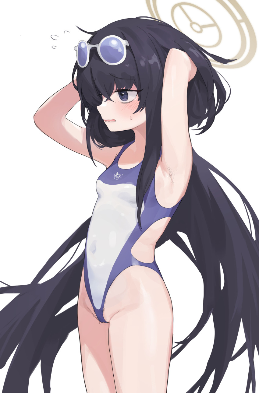 1girl absurdres armpit_hair arms_up bangs black_hair blue_archive blush breasts eyewear_on_head female_pubic_hair flying_sweatdrops hair_between_eyes halo highres long_hair maqin one-piece_swimsuit parted_lips pubic_hair purple_eyes simple_background sunglasses sweat swimsuit tears ui_(blue_archive) very_long_hair wavy_mouth white_background