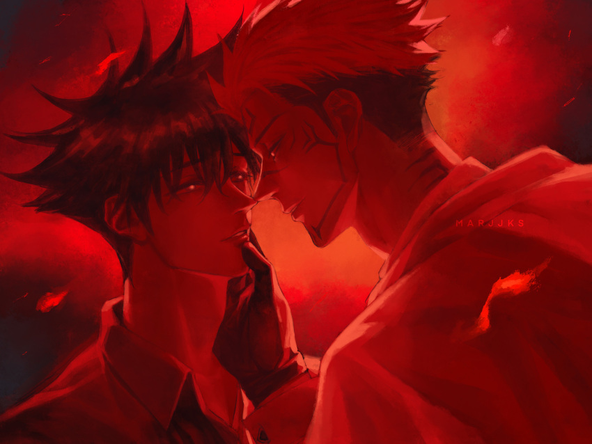 2boys absurdres bangs black_gloves collared_shirt couple dress_shirt eye_contact eyelashes facial_tattoo fushiguro_megumi gloves grabbing_another's_chin hair_between_eyes hand_on_another's_chin highres jujutsu_kaisen long_sleeves looking_at_another male_focus marrbl multiple_boys neck_tattoo night outdoors parted_lips red_theme ryoumen_sukuna_(jujutsu_kaisen) shirt short_hair smile spiked_hair tattoo upper_body yaoi