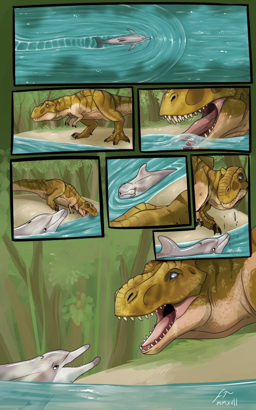 blue_eyes cetacean comic delphinoid dinosaur dosfin drinking duo feral hi_res imperatorcaesar jungle male mammal marine reptile river rothar scalie size_difference theropod tongue toothed_whale tyrannosaurid tyrannosaurus tyrannosaurus_rex water