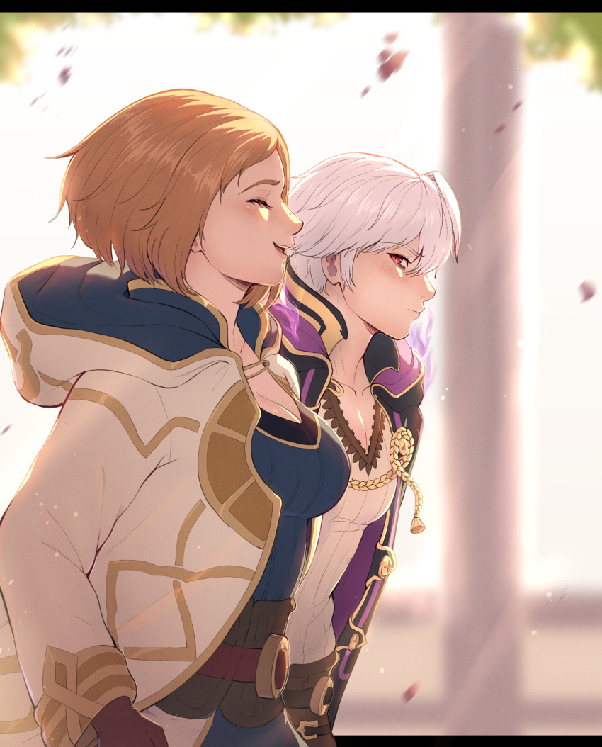 1boy 1girl absurdres blush breasts brown_hair cleavage closed_eyes evomanaphy fire_emblem fire_emblem_heroes grima_(fire_emblem) highres jacket kiran_(fire_emblem)_(female) looking_at_another red_eyes robin_(fire_emblem) robin_(fire_emblem)_(male) smile white_hair white_jacket