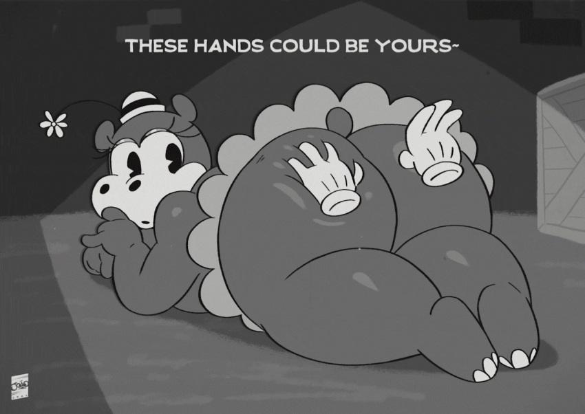 ambiguous_gender animated anthro big_butt bottomless bottomwear butt butt_grab butt_jiggle butt_squish clothed clothing common_hippopotamus disembodied_hand duo english_text female flower gloves hand_on_butt handwear hat headgear headwear heather_hippo hippopotamid huge_butt huge_thighs jiggling joaoppereiraus looking_back loop lying mammal monochrome on_front open_mouth plant short_playtime skirt squish tail_under_skirt text thick_thighs toony