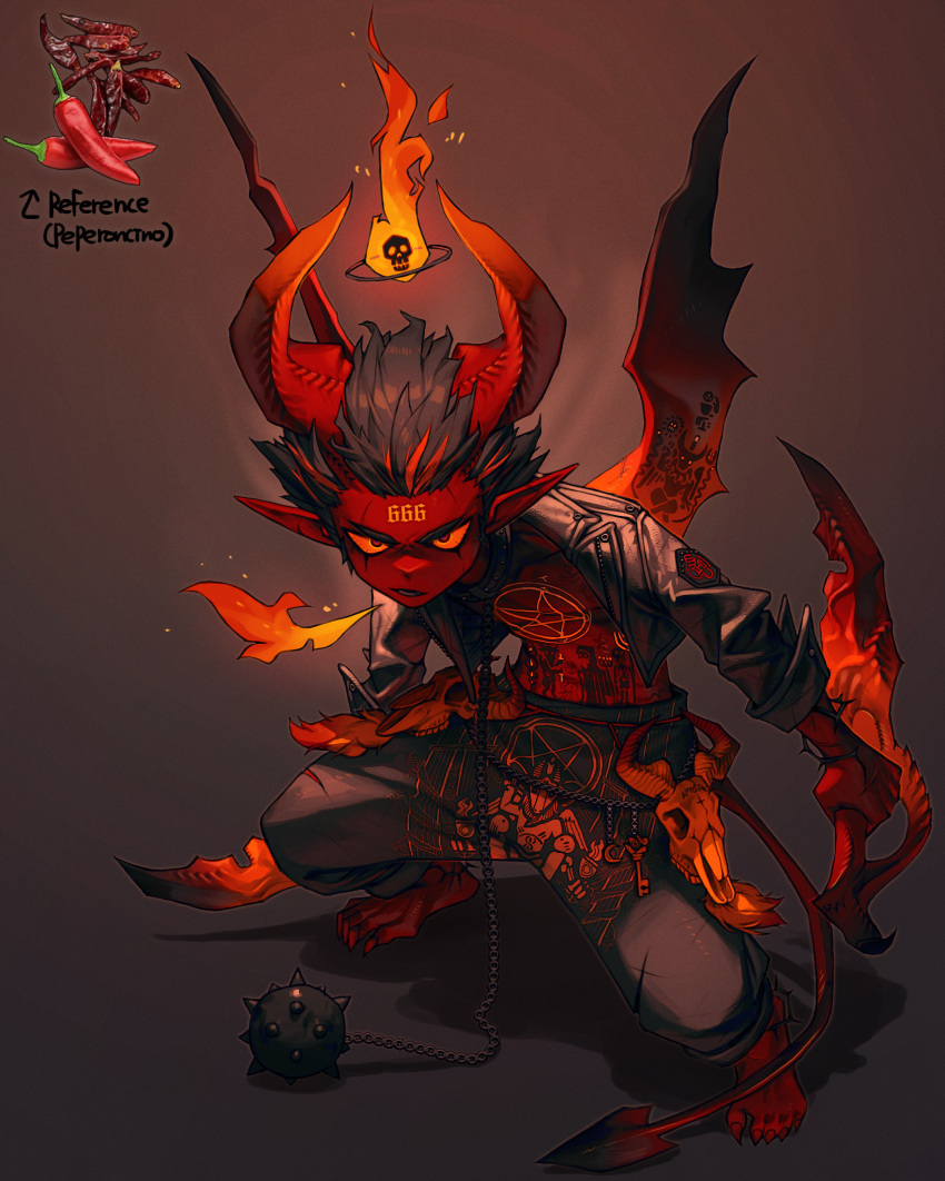 1boy ball_and_chain_(weapon) baphomet black_coat black_hair black_pants chili_pepper coat colored_sclera demon_tail fire highres horns looking_at_viewer male_focus orange_sclera original pants pentagram personification pointy_ears red_theme rinotuna short_hair solo spiked_ball_and_chain tail wings