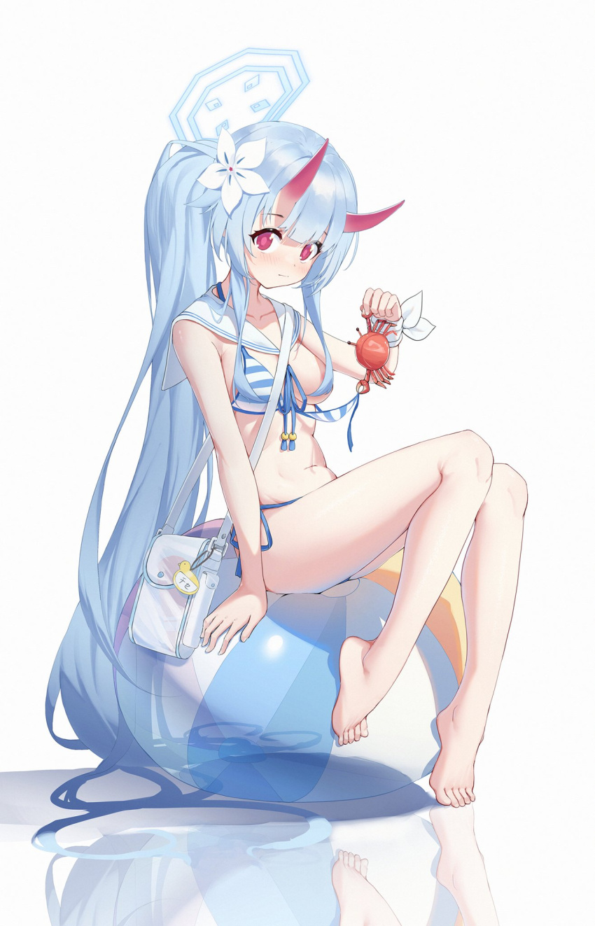 alternate_costume bag ball beachball bikini blue_archive blue_hair blush breasts chise_(blue_archive) chise_(swimsuit)_(blue_archive) crab flower hair_between_eyes hair_flower hair_ornament halo highres horns long_hair looking_at_viewer medium_breasts multicolored_bikini multicolored_clothes navel oni_horns ponytail red_eyes red_horns reflective_floor simple_background sitting swimsuit wardrobe_malfunction white_background xintianou
