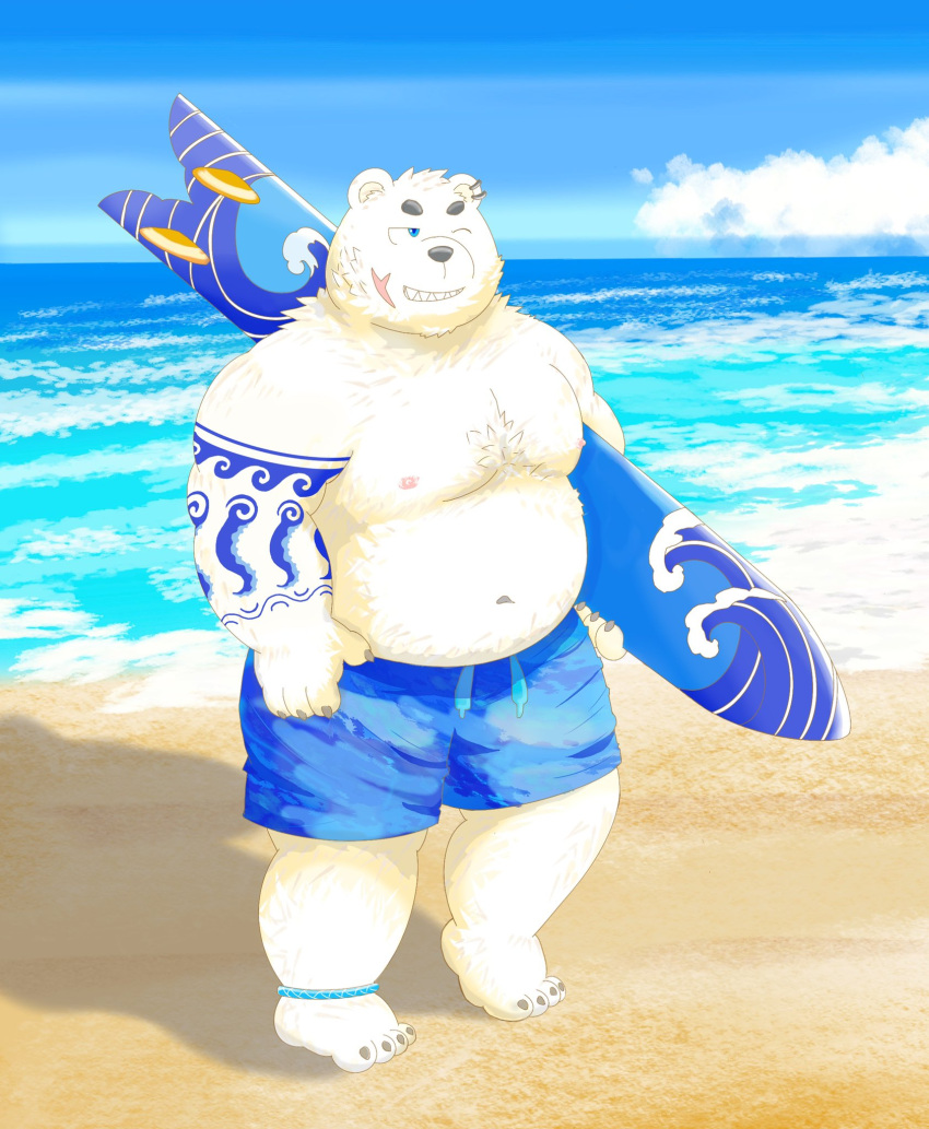 2022 anthro beach belly big_belly black_nose bottomwear clothing detailed_background hi_res humanoid_hands kemono male mammal moobs morino8484 nipples one_eye_closed outside overweight overweight_male polar_bear seaside shorts solo surfboard swimwear tattoo ursid ursine water wink
