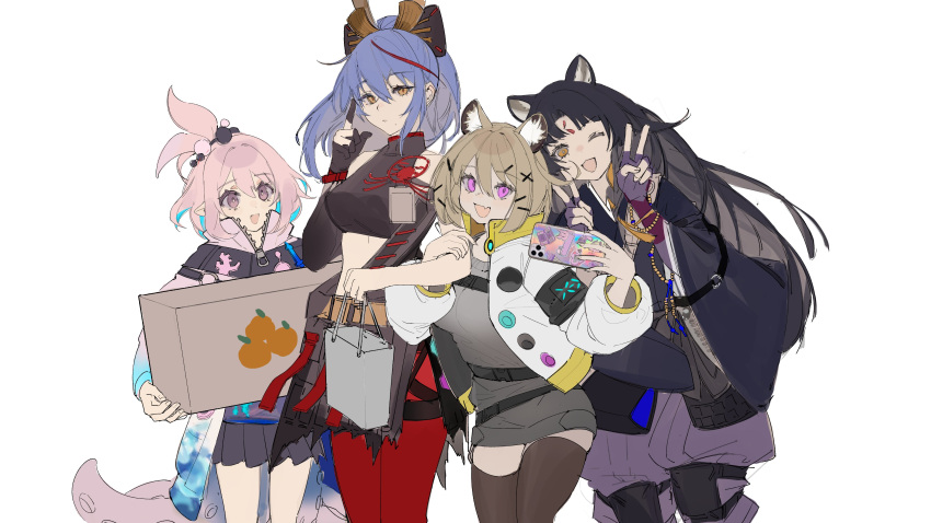 4girls :d absurdres akafuyu_(arknights) animal_ears antenna_hair arknights armband bag bare_shoulders black_hair black_shirt black_skirt black_thighhighs blue_hair box breasts brown_hair cellphone commentary crop_top dog_ears double_v elbow_gloves english_commentary facial_mark fang flat_color forehead_mark gloves grey_shirt hair_between_eyes hair_bobbles hair_ornament hairclip hand_up highres holding holding_bag holding_box holding_phone id_card index_finger_raised infection_monitor_(arknights) jacket japanese_clothes kirara_(arknights) knee_pads lapel_pin long_hair looking_at_viewer medium_breasts midriff multicolored_hair multiple_girls neriash open_mouth pants pantyhose partially_fingerless_gloves phone pink_eyes pink_hair pleated_skirt purple_gloves purple_pants purple_shirt red_hair red_pantyhose saga_(arknights) shirt shopping_bag short_hair simple_background sketch skin_fang skirt smartphone smile standing streaked_hair tentacles thighhighs topknot utage_(arknights) v white_background white_jacket x_hair_ornament yellow_eyes zipper