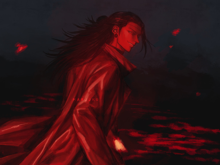 1boy absurdres black_hair burning coat evil_smile fire getou_suguru hair_bun highres jujutsu_kaisen long_coat long_hair long_sleeves looking_at_viewer male_focus marrbl night outdoors plug_(piercing) red_theme smile solo stitches walking_away