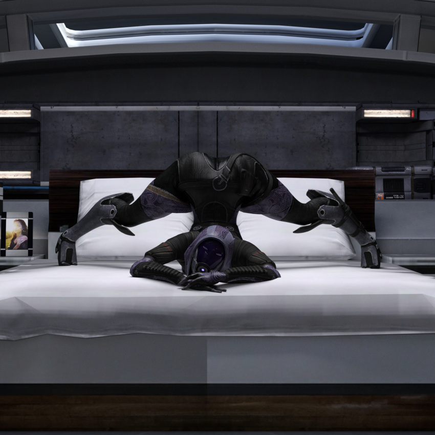 alien alien_humanoid bed bedroom_eyes cabin environmental_suit female furniture hi_res humanoid inside jack-o'_pose mass_effect meme_erect narrowed_eyes pose quarian seductive solo solo_focus spacecraft spread_legs spreading tali'zorah vehicle video_games