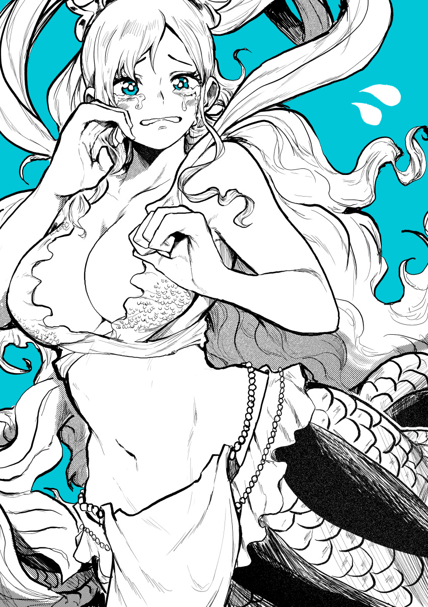 1girl absurdres arms_up bangs bare_arms bare_shoulders bikini bikini_top_only blue_background blue_eyes breasts cowboy_shot crying eyebrows_hidden_by_hair facing_viewer greyscale highres large_breasts long_hair mermaid miniskirt monochrome monster_girl navel one_piece pelvic_curtain shawl shirahoshi simple_background skirt solo stomach swimsuit tears wiping_tears yotsumi_shiro