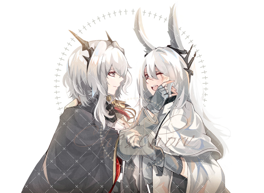 2girls ;d absurdres animal_ears arknights ascot black_ascot black_cape cape cheschorv commentary commission dragon_girl dragon_horns ear_ornament english_commentary face-to-face fingerless_gloves frostnova_(arknights) gloves grey_eyes grey_gloves grey_hair hair_between_eyes hand_up highres horns jacket long_hair long_sleeves looking_at_another looking_at_viewer medium_hair multiple_girls official_alternate_costume one_eye_closed open_mouth playing_with_another's_hair profile rabbit_ears rabbit_girl scar scar_across_eye scar_on_face scar_on_nose shirt smile talulah_(arknights) talulah_the_fighter_(arknights) teeth upper_body upper_teeth white_jacket white_shirt yuri