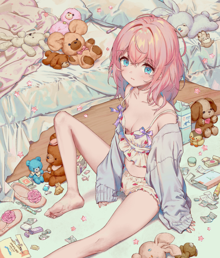 1girl bare_legs bare_shoulders barefoot bed blue_eyes blush boyshort_panties breasts camisole candy_wrapper cardigan cleavage commentary english_commentary food_print foot_out_of_frame highres long_hair looking_at_viewer medium_breasts messy_room navel off_shoulder on_floor open_cardigan open_clothes original panties pink_hair sitting sleeves_past_wrists slippers slippers_removed solo strawberry_print stuffed_animal stuffed_bunny stuffed_dog stuffed_toy teddy_bear underwear yutsumoe