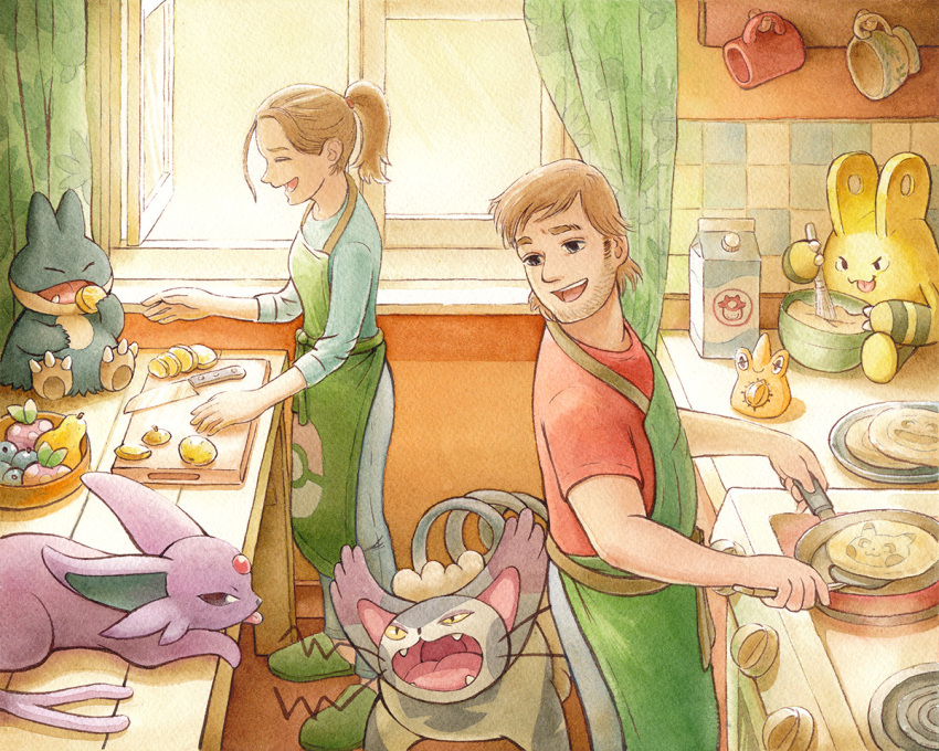 1boy 1girl apron aspear_berry berry_(pokemon) bottle commentary cooking cup curtains drawing elekid espeon food illustrator indoors kitchen kitchen_knife milk_bottle milk_carton moomoo_milk munchlax oddish oliver_hamlin open_mouth oran_berry painting_(medium) pancake pikachu pokemon pokemon_(creature) purugly rotom rotom_(other) slippers squirtle sunlight tail teacup timer traditional_media watercolor_(medium) window