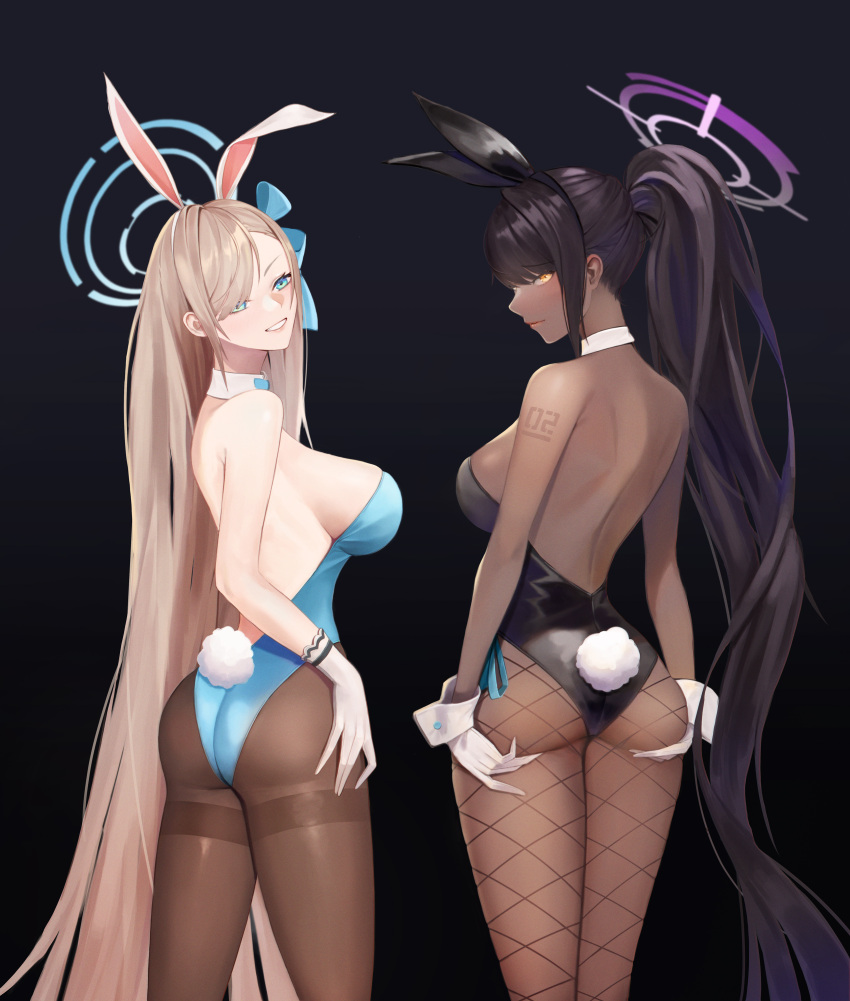 2girls absurdres animal_ears ass ass_support asuna_(blue_archive) asuna_(bunny)_(blue_archive) bangs bare_shoulders black_background black_hair black_leotard blue_archive blue_eyes blue_leotard blush breasts butt_crack choco_bear cowboy_shot dark-skinned_female dark_skin detached_collar elbow_gloves fake_animal_ears fishnet_legwear fishnets gloves hair_over_one_eye highleg highleg_leotard highres karin_(blue_archive) karin_(bunny)_(blue_archive) large_breasts leotard light_brown_hair long_hair looking_at_viewer mole mole_on_breast multiple_girls pantyhose playboy_bunny ponytail rabbit_ears rabbit_tail sideboob sidelocks smile tail thighs white_gloves yellow_eyes