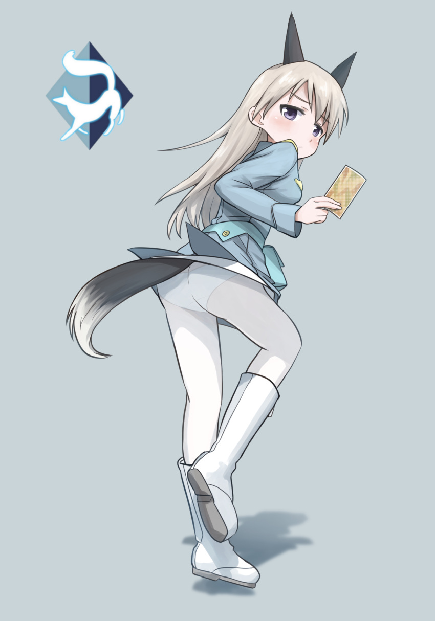 1girl animal_ears ass bangs blue_eyes blue_jacket blush boots card closed_mouth commentary dog_ears dog_tail eila_ilmatar_juutilainen emblem from_behind frown full_body grey_background grey_hair highres holding holding_card jacket kk90 leaning_forward long_hair long_sleeves looking_at_viewer looking_back no_pants panties panties_under_pantyhose pantyhose shadow simple_background solo standing standing_on_one_leg strike_witches tail underwear white_footwear white_pantyhose world_witches_series