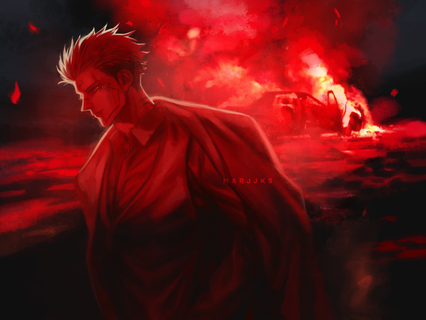 1boy absurdres burning car closed_mouth collared_shirt dress_shirt evil_smile extra_eyes facial_tattoo fire formal ground_vehicle highres jacket jacket_on_shoulders jujutsu_kaisen long_sleeves looking_at_viewer male_focus marrbl motor_vehicle night outdoors red_theme ryoumen_sukuna_(jujutsu_kaisen) shirt short_hair smile solo tattoo vest walking_away