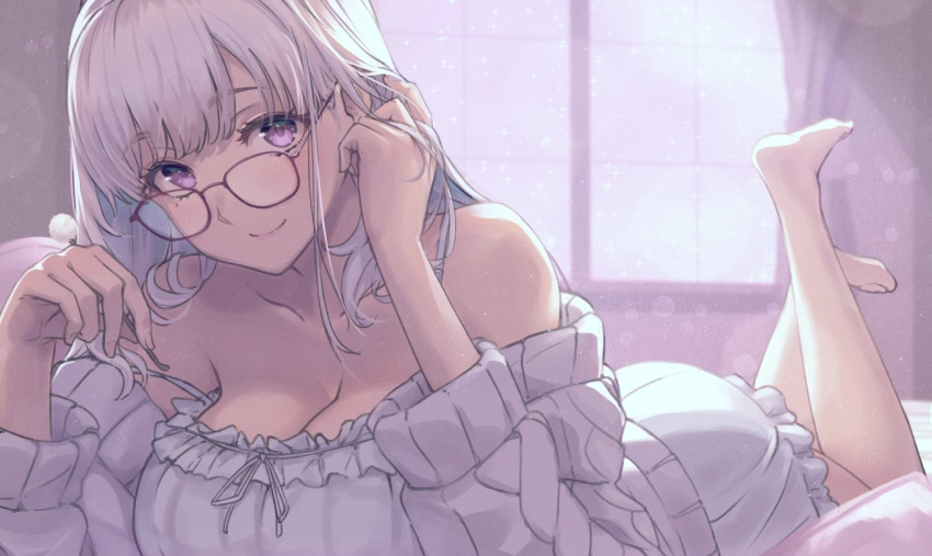 1girl babydoll bangs barefoot blush breasts cardigan cleavage commentary_request curtains glasses hair_behind_ear holding indie_virtual_youtuber indoors large_breasts long_hair looking_at_viewer lying mi2mi2_minmi mimikaki on_stomach purple_eyes simple_background smile solo virtual_youtuber white_babydoll white_cardigan white_hair window yomi_tsumugiha