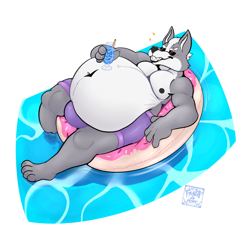 anthro awoogasm belly beverage big_belly bottomwear bulge canid canine canis clothing digital_media_(artwork) hair hi_res male mammal nintendo nipples outside overweight overweight_anthro overweight_male pool_float shorts simple_background smile solo star_fox swimming_pool swimwear video_games water wolf wolf_o'donnell