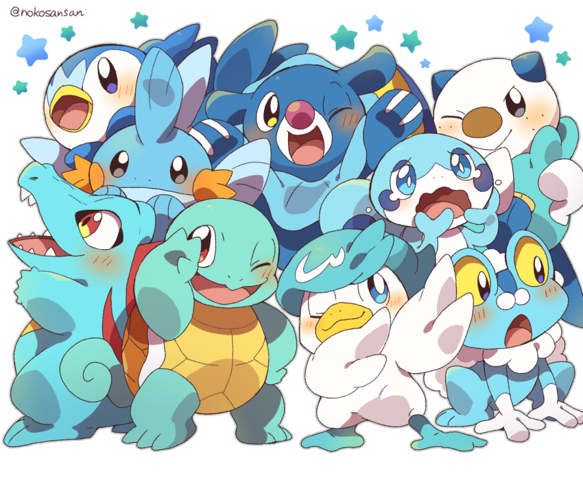 2022 ambiguous_gender beak blue_body blue_eyes blue_skin blush feathers feral froakie group happy mudkip nintendo nokosansan oshawott piplup pok&eacute;mon pok&eacute;mon_(species) popplio quaxly red_eyes signature simple_background sobble squirtle star totodile video_games white_background white_body white_feathers yellow_sclera