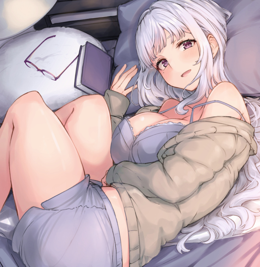 1girl bangs blush book bra breasts cleavage commentary_request eyewear_removed glasses grey_shorts highres indie_virtual_youtuber jacket large_breasts long_hair looking_at_viewer lying mi2mi2_minmi off_shoulder on_side open_clothes open_jacket parted_lips pillow purple_bra purple_eyes short_shorts shorts simple_background solo underwear virtual_youtuber white_hair yomi_tsumugiha