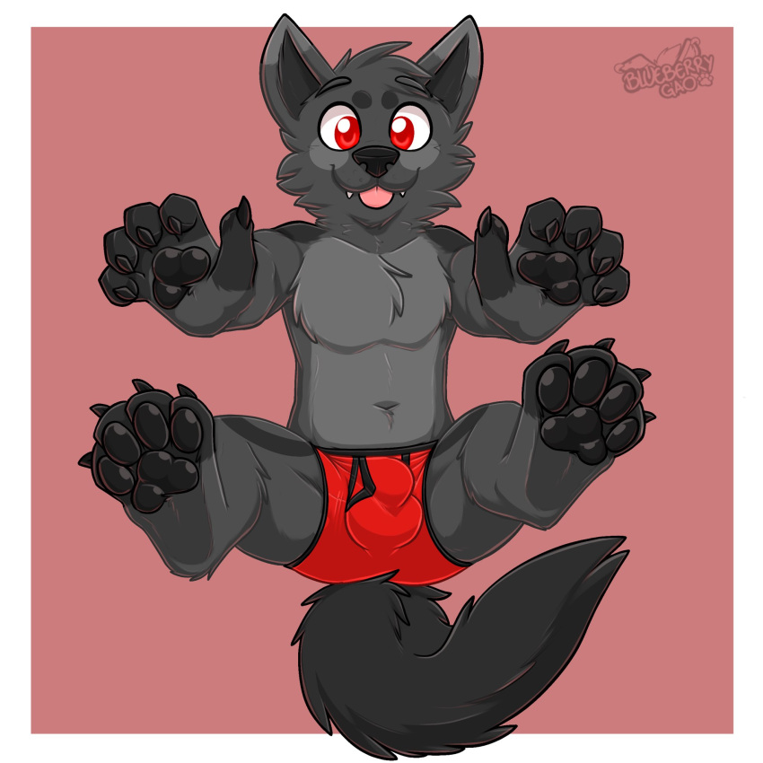 1:1 2022 anthro balls_outline biped black_body black_fur black_inner_ear black_nose black_pawpads black_seam_underwear black_tail blep border boxer_briefs bulge canid canine canis chest_tuft claws clothed clothing colored_seam_underwear cute_fangs detailed_bulge eyebrows feet foot_focus fur gaokun genital_outline grey_body grey_ears grey_eyebrows grey_fur grey_hair hair hi_res inner_ear_fluff looking_at_viewer male mammal monotone_tail mostly_nude multi_tone_fur multicolored_ears neck_tuft partially_clothed pawpads pink_background red_clothing red_eyes red_underwear simple_background solo toe_claws tongue tongue_out tuft two_tone_ears underwear watermark white_border wolf