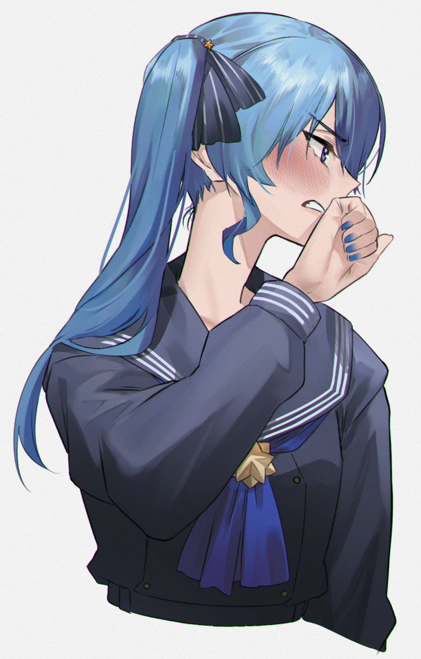 1girl ascot blue_eyes blue_hair blue_nails blush clenched_teeth crying embarrassed english_commentary eredhen hair_ribbon highres hololive hoshimachi_suisei long_hair looking_away nail_polish ribbon school_uniform serafuku side_ponytail simple_background solo star_(symbol) star_in_eye streaming_tears symbol_in_eye tears teeth upper_body virtual_youtuber white_background