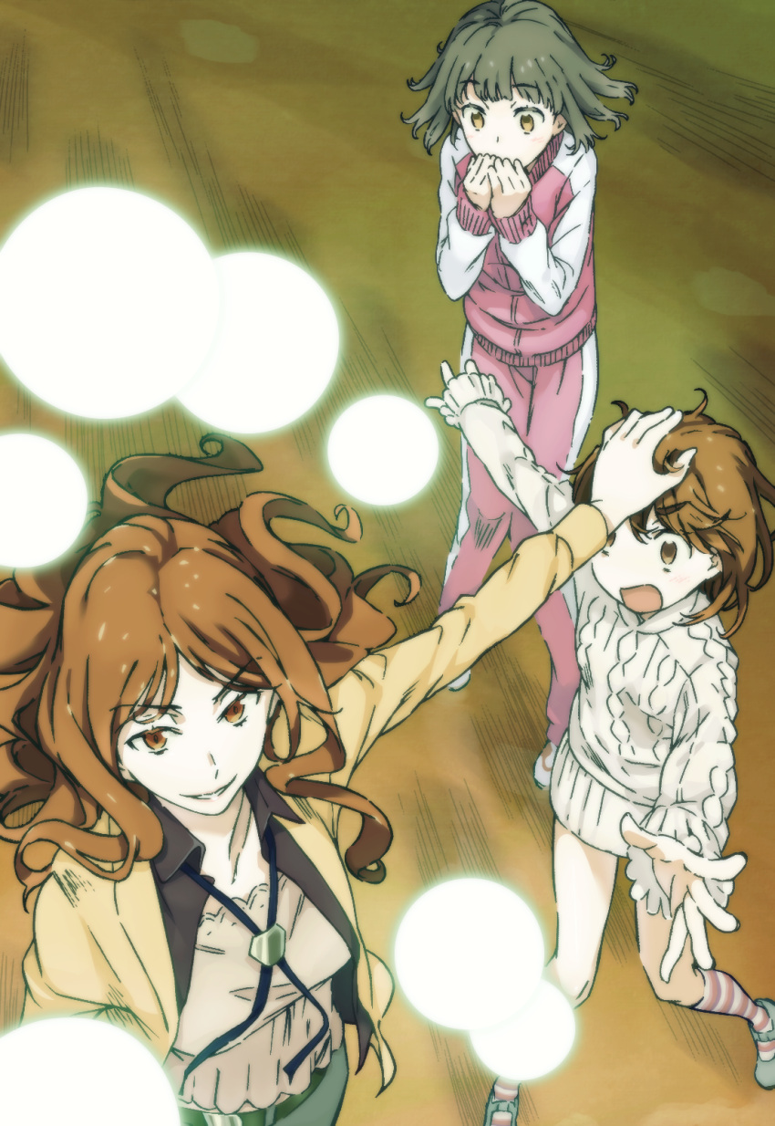 3girls attack blush breasts brown_eyes brown_hair colorized commentary covering_mouth energy energy_ball fantasy feet_out_of_frame from_above full_body gazing_eye glowing haimura_kiyotaka hands_up height_difference highres indoors kinuhata_saiai kneehighs large_breasts light_blush long_hair long_sleeves looking_at_another looking_away medium_hair mugino_shizuri multiple_girls novel_illustration official_art open_mouth outstretched_arm outstretched_arms pants pink_pants psychic science_fiction shiny shiny_hair smile socks spoilers sweater takitsubo_rikou teeth thighs toaru_majutsu_no_index toaru_majutsu_no_index:_new_testament v-shaped_eyebrows white_footwear white_sleeves