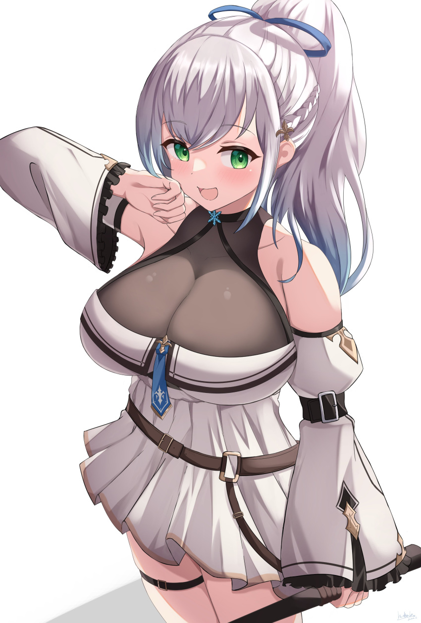 1girl absurdres bare_shoulders belt beltskirt blue_ribbon braid breasts brooch choker cleavage cowboy_shot cross-laced_clothes cross-laced_shorts detached_sleeves french_braid frilled_sleeves frills green_eyes grey_hair hair_between_eyes hashira_14 highres hololive jewelry large_breasts long_hair looking_at_viewer necktie ribbon shirogane_noel shirt short_shorts shorts simple_background skindentation sleeveless sleeveless_shirt snowflake_choker snowflake_pendant solo straight-on thigh_gap thigh_strap thighs virtual_youtuber weapon