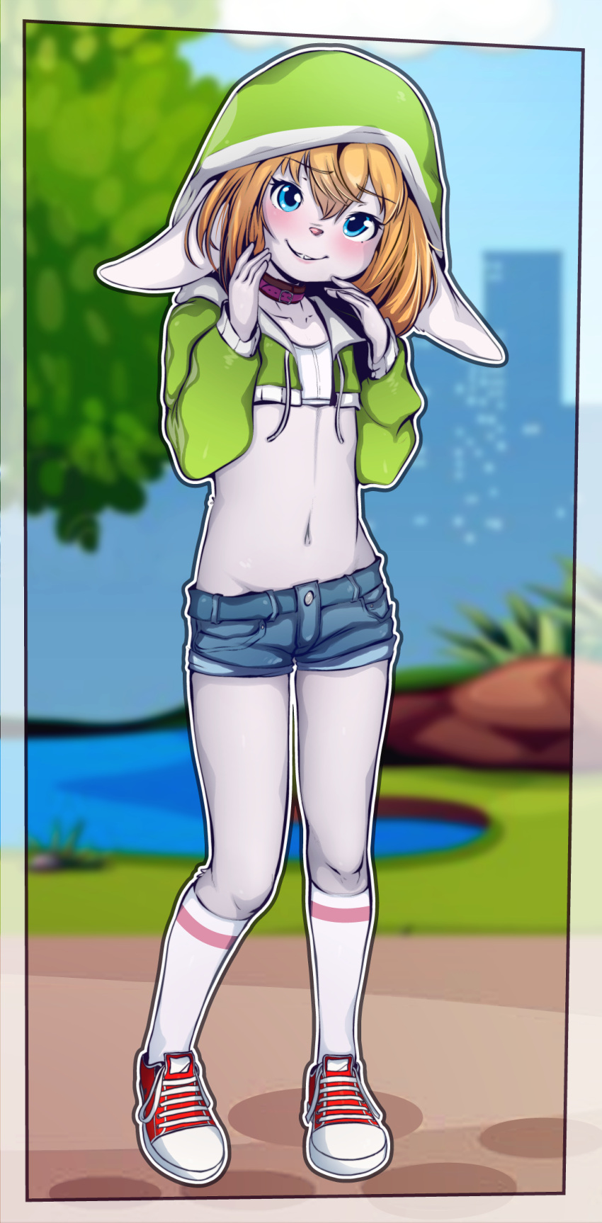 anthro blue_eyes blush bottomwear choker clothing cutoffs daisy_dukes denim denim_clothing female fur hi_res hotpants jewelry lagomorph leporid mammal midriff navel necklace outside pink_nose plant pool_(disambiguation) rabbit saoirse_(fatestcloud) shorts sicmop solo tree white_body white_fur