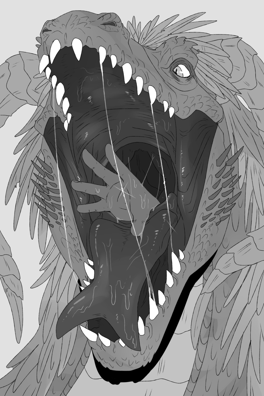 absurd_res ambiguous_gender bodily_fluids cheek_spikes duo facial_spikes front_view glistening glistening_eyes glistening_tongue greyscale head_feathers hi_res horn imperatorcaesar monochrome mouth_shot open_mouth oral_vore pupils saliva saliva_on_hand saliva_on_tongue saliva_string sharp_teeth simple_background slit_pupils spikes spikes_(anatomy) teeth tongue vore