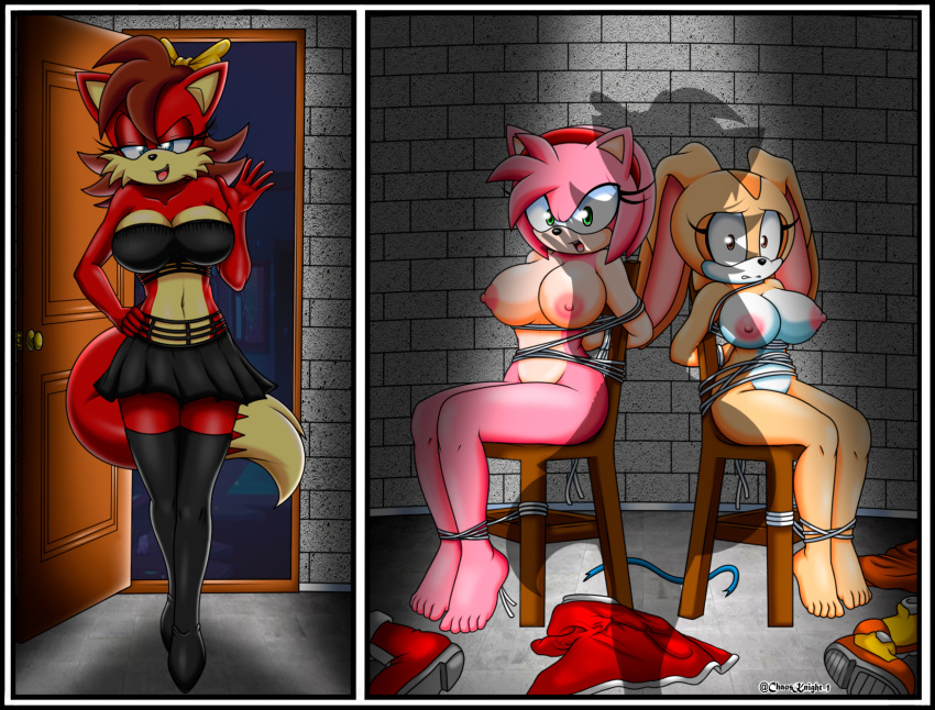amy_rose angry anthro archie_comics bdsm big_breasts bondage bound breasts canid canine clothing clothing_aside cream_the_rabbit curvy_figure eulipotyphlan female female/female fiona_fox fox group hedgehog hi_res kidnapping lagomorph leporid looking_at_another mammal multicolored_body nipples nude pink_body pink_nipples rabbit scared sega smile sonic_the_hedgehog_(archie) sonic_the_hedgehog_(comics) sonic_the_hedgehog_(series) the_knight trio