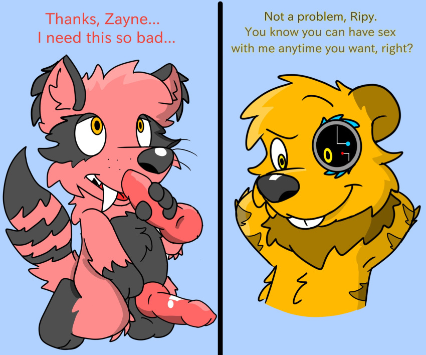 ailurid anthro beaver black_paws cybernetic_eye dialogue duo fur genitals hi_res hybrid imminent_sex knot male male/male mammal penis procyonid raccoon red_body red_fur red_panda reznoo ripy_(reznoo) rodent yellow_eyes zayne_(reznoo)