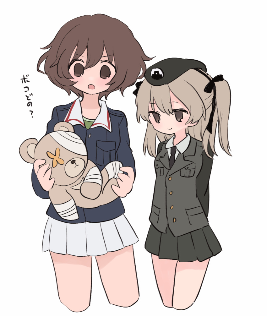 2girls akiyama_yukari arms_behind_back black_necktie black_ribbon black_skirt blush boko_(girls_und_panzer) brown_hair collared_shirt curly_hair doll emblem girls_und_panzer grey_hair grey_jacket hair_ribbon highres holding holding_doll jacket japanese_tankery_league_(emblem) miniskirt multiple_girls necktie one_side_up ooarai_military_uniform ri_(qrcode) ribbon selection_university_military_uniform shimada_arisu shirt skirt stuffed_animal stuffed_toy teddy_bear translation_request white_skirt