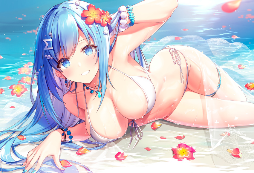 1girl absurdres anklet arm_up armpits bare_shoulders bead_bracelet beads bikini blue_eyes blue_hair bracelet breasts caustics cleavage collarbone emori_miku emori_miku_project flower front-tie_bikini front-tie_top grin hair_flower hair_ornament halter_top halterneck hibiscus highres jewelry kagachi_saku large_breasts long_hair looking_at_viewer lying nail_polish navel petals red_flower sarong side-tie_bikini smile solo stomach string_bikini swimsuit thighs water wet white_bikini