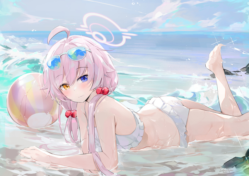 1girl ahoge bare_arms bare_shoulders barefoot bikini blue_archive blue_eyes blush closed_mouth cloud dema_hmw eyewear_on_head frilled_bikini frills hair_over_shoulder halo heterochromia hoshino_(blue_archive) hoshino_(swimsuit)_(blue_archive) leg_up looking_at_viewer lying ocean on_stomach outdoors shallow_water signature sky solo sparkle sunglasses swimsuit tinted_eyewear water water_drop wet white_bikini yellow_eyes