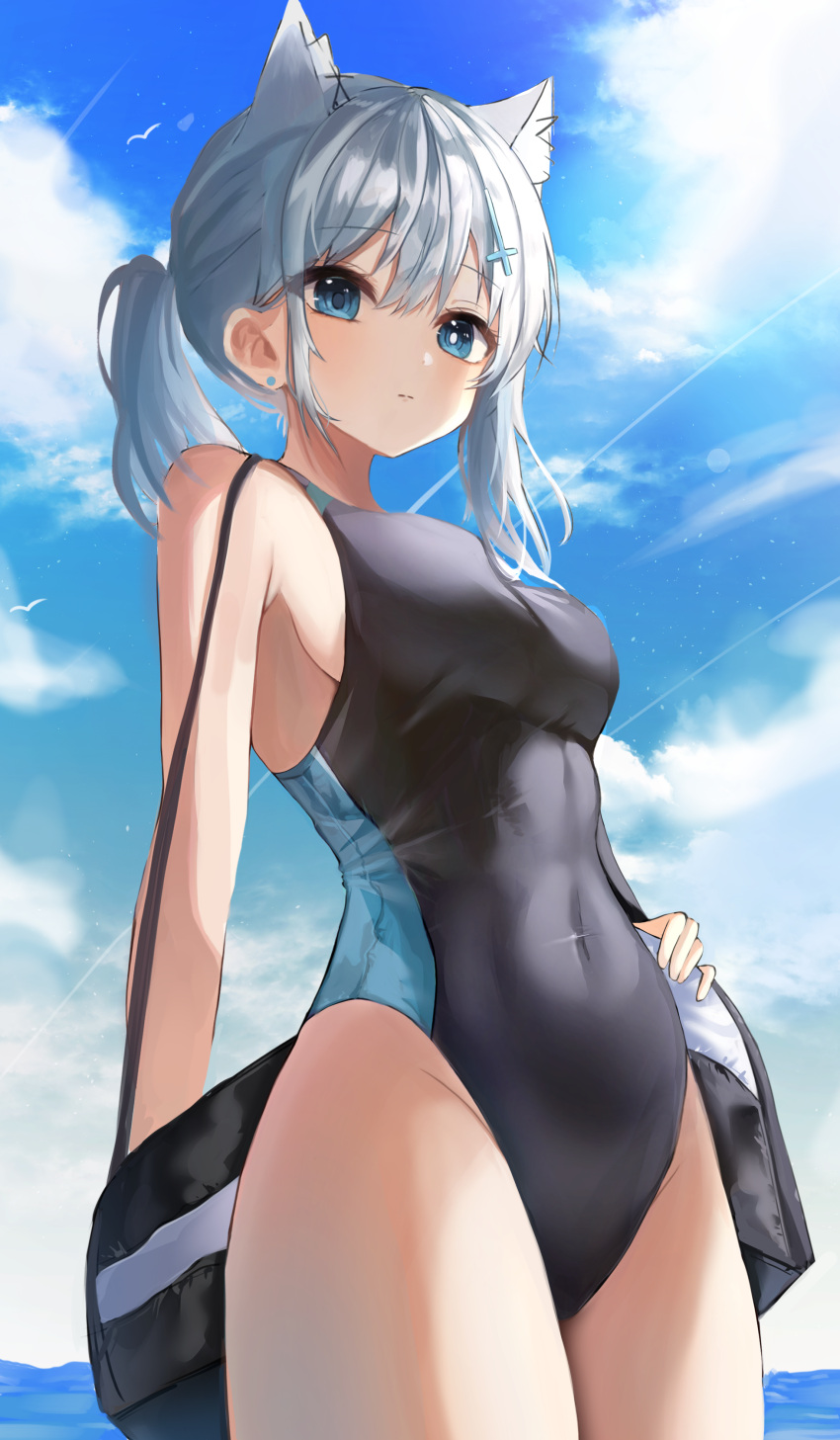 1girl absurdres animal_ears bag black_swimsuit blue_archive blue_eyes breasts chabi closed_mouth commission competition_swimsuit covered_navel cowboy_shot duffel_bag extra_ears fox_ears grey_hair hair_ornament highleg highleg_swimsuit highres long_hair looking_at_viewer medium_breasts mismatched_pupils no_halo one-piece_swimsuit ponytail shiroko_(blue_archive) shiroko_(swimsuit)_(blue_archive) shoulder_bag sidelocks sky solo standing swimsuit taut_clothes taut_swimsuit thighs