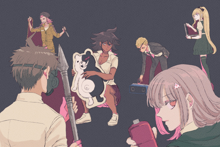 3boys 3girls ahoge bangs black_background black_headwear black_jacket black_necktie black_pants bottle braid breasts brown_hair cleavage collarbone collared_shirt computer danganronpa_(series) danganronpa_2:_goodbye_despair dark-skinned_female dark_skin eyepatch from_behind from_side galaga gas_mask hair_ornament hand_in_pocket highres hinata_hajime holding holding_bottle holding_knife holding_polearm holding_weapon jacket knife kuzuryuu_fuyuhiko laptop large_breasts looking_at_viewer mask medium_hair midori_(310ri_21) monokuma multiple_boys multiple_girls nanami_chiaki necktie owari_akane pants pink_hair polearm puffy_short_sleeves puffy_sleeves radio red_eyes red_skirt rope shiny shiny_hair shirt short_sleeves side_braid skirt sonia_nevermind souda_kazuichi squatting striped striped_jacket striped_pants thighhighs weapon white_shirt