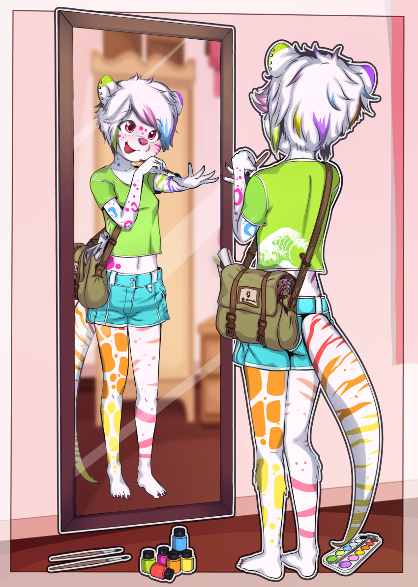 albino anthro blush bodypaint bottomwear clothed clothing female flat_chested fur hair hi_res lutrine mammal midriff mustelid navel open_mouth pink_eyes pink_nose shorts sicmop solo white_body white_fur white_hair young