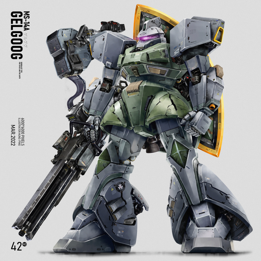 absurdres ammunition_belt cannon character_name concept_art damaged dirty english_text gelgoog glowing glowing_eye gun gundam highres kongping0550219 machine_gun machinery mecha missile_pod mobile_suit mobile_suit_gundam one-eyed original purple_eyes realistic redesign robot science_fiction thrusters weapon