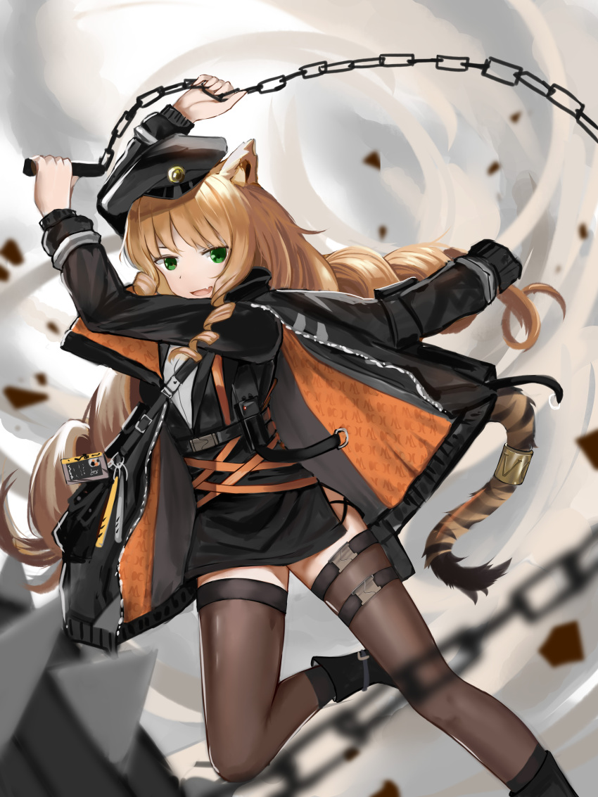 1girl absurdres animal_ears arknights beret black_footwear black_headwear black_jacket black_shirt black_thighhighs boots drill_hair dutch_angle fang flail foot_out_of_frame green_eyes hands_up hat highres holding holding_weapon huijin_zhi_ling jacket jacket_on_shoulders leg_up long_hair long_sleeves open_clothes open_jacket open_mouth orange_hair shirt skin_fang solo standing standing_on_one_leg swire_(arknights) tail tail_ornament tail_ring thighhighs tiger_ears tiger_girl tiger_tail weapon