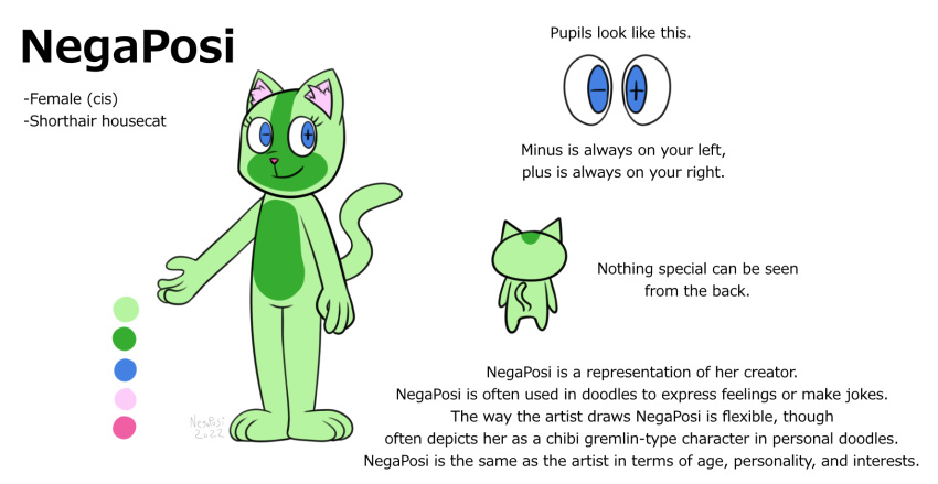 2022 anthro artist_name blue_eyes character_description character_name color_swatch digital_drawing_(artwork) digital_media_(artwork) domestic_cat english_text eyelashes featureless_crotch felid feline felis female flat_colors full-length_portrait fur green_body green_fur hi_res mammal model_sheet negaposi negaposi_(character) nude pink_inner_ear portrait pupils simple_background smile solo standing symbol-shaped_pupils text toony unusual_pupils white_background
