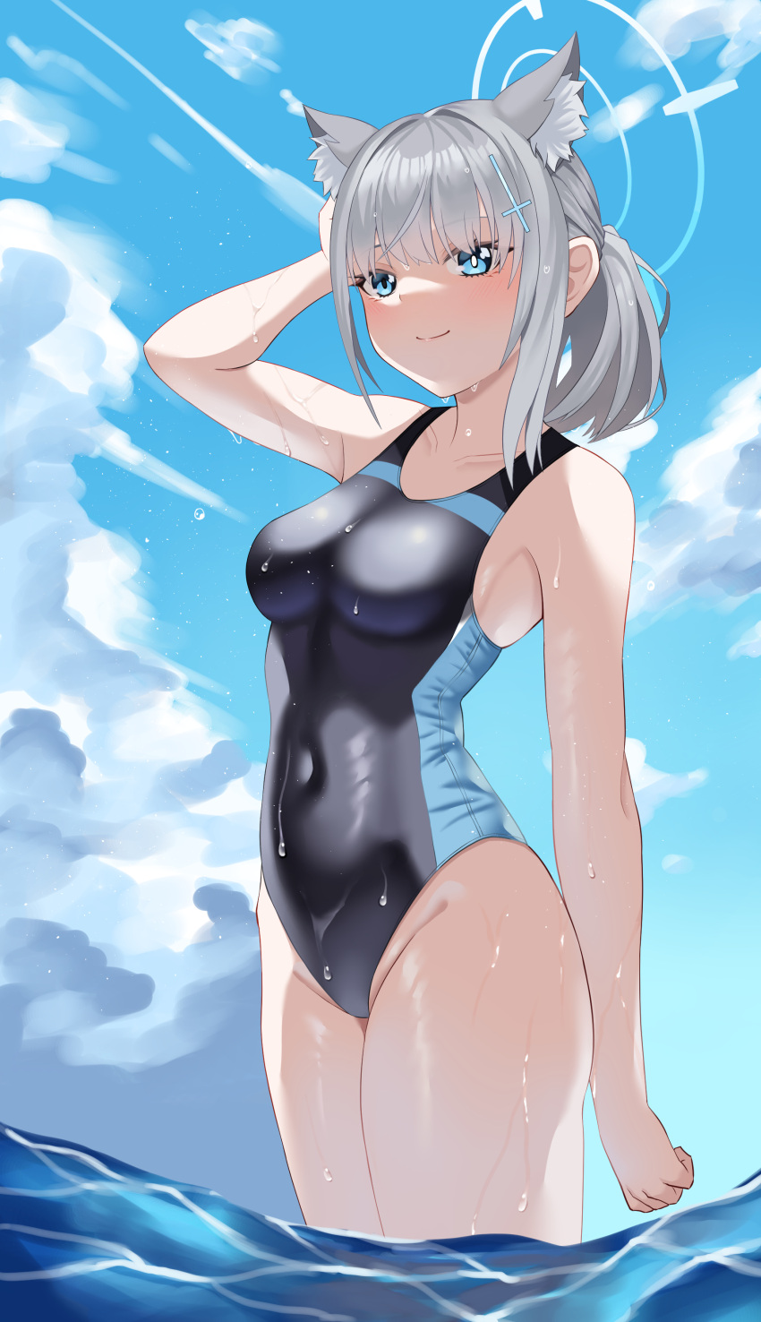 1girl absurdres animal_ear_fluff animal_ears bangs black_swimsuit blue_archive blue_eyes blue_sky breasts cloud competition_swimsuit covered_navel cowboy_shot cross_hair_ornament day extra_ears fujisawa_sorao grey_hair hair_ornament halo highres low_ponytail medium_breasts medium_hair mismatched_pupils multicolored_clothes multicolored_swimsuit one-piece_swimsuit outdoors shiroko_(blue_archive) shiroko_(swimsuit)_(blue_archive) sky soaking_feet solo standing swimsuit water