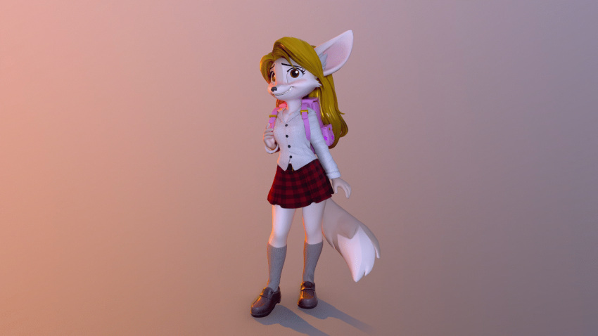 alargewoodenbadger animated anthro backpack blonde_hair bottomwear canid canine clothing collar female fennec footwear fox fur hair mammal pattern_clothing penny_fenmore pink plaid plaid_clothing school_uniform shoes skirt socks solo uniform white white_body white_fur