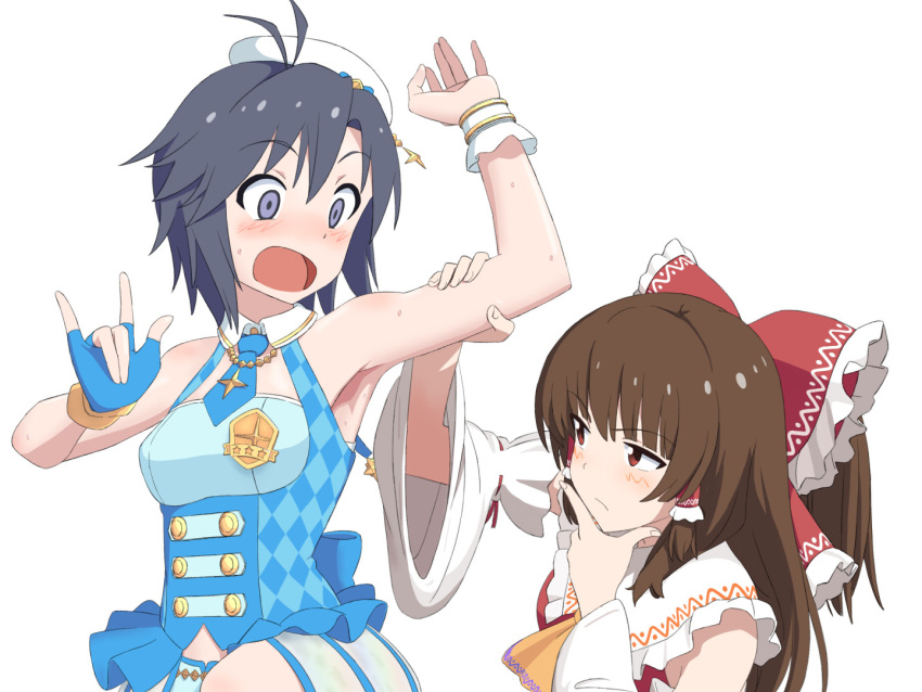 2girls 4joukioto \m/ antenna_hair armpits ascot bangs black_hair blue_dress blue_gloves blue_necktie blush bow breasts brown_eyes brown_hair closed_mouth collared_shirt commentary_request cookie_(touhou) cross crossover detached_sleeves dress fingerless_gloves frilled_bow frilled_hair_tubes frilled_shirt_collar frills gloves hair_bow hair_tubes hakurei_reimu idolmaster idolmaster_(classic) idolmaster_platinum_stars kanna_(cookie) kikuchi_makoto long_hair looking_at_another multiple_girls necktie open_mouth purple_eyes red_bow red_shirt ribbon-trimmed_sleeves ribbon_trim shirt short_hair short_necktie sidelocks simple_background single_glove sleeveless sleeveless_dress sleeveless_shirt small_breasts thinking touhou twinkle_star_(idolmaster) upper_body white_background white_headwear white_sleeves wide_sleeves yellow_ascot