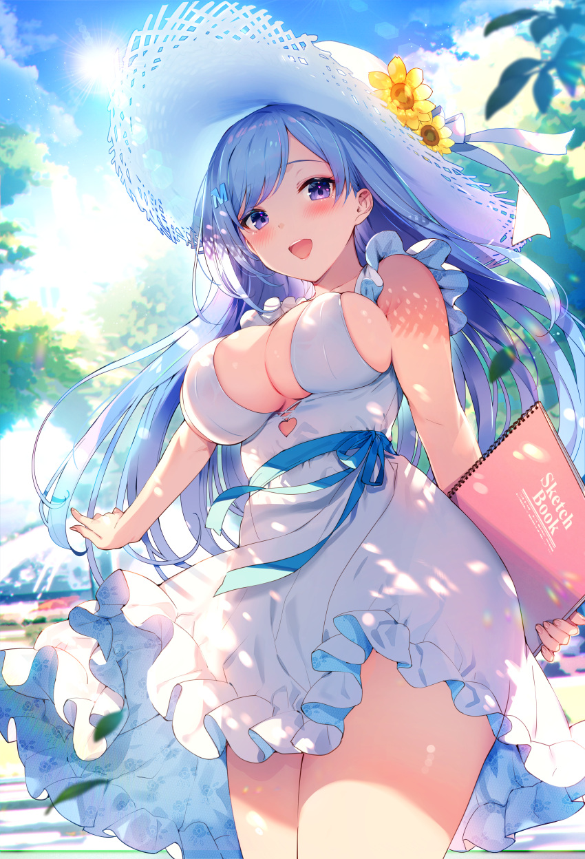 1girl :d absurdres bare_shoulders belt blue_hair blue_ribbon breasts cleavage cowboy_shot day dress emori_miku emori_miku_project flower frilled_dress frills hat hat_flower highres holding kat_(bu-kunn) long_hair looking_at_viewer open_mouth outdoors purple_eyes ribbon sleeveless sleeveless_dress smile solo standing straw_hat sunflower sunlight white_dress white_headwear