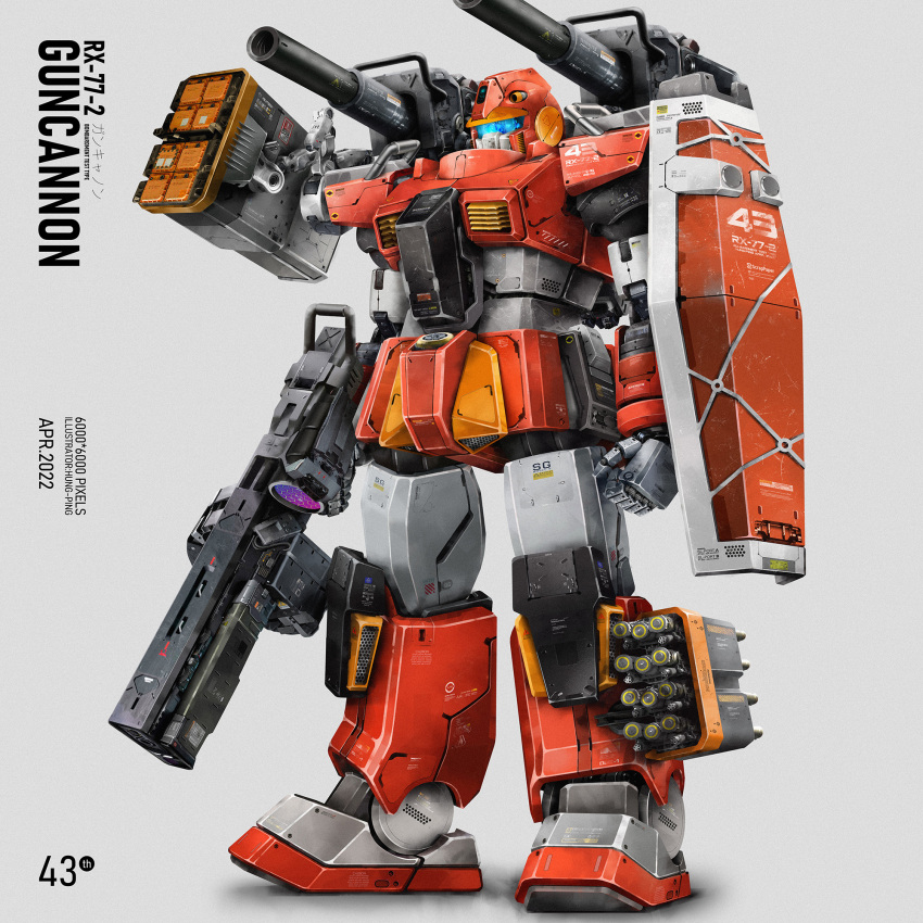 beam_rifle character_name concept_art damaged dirty earth_federation energy_gun english_text guncannon gundam highres kongping0550219 machinery mecha missile missile_pod mobile_suit mobile_suit_gundam original realistic redesign robot roundel science_fiction shield shoulder_cannon simple_background solo thrusters weapon